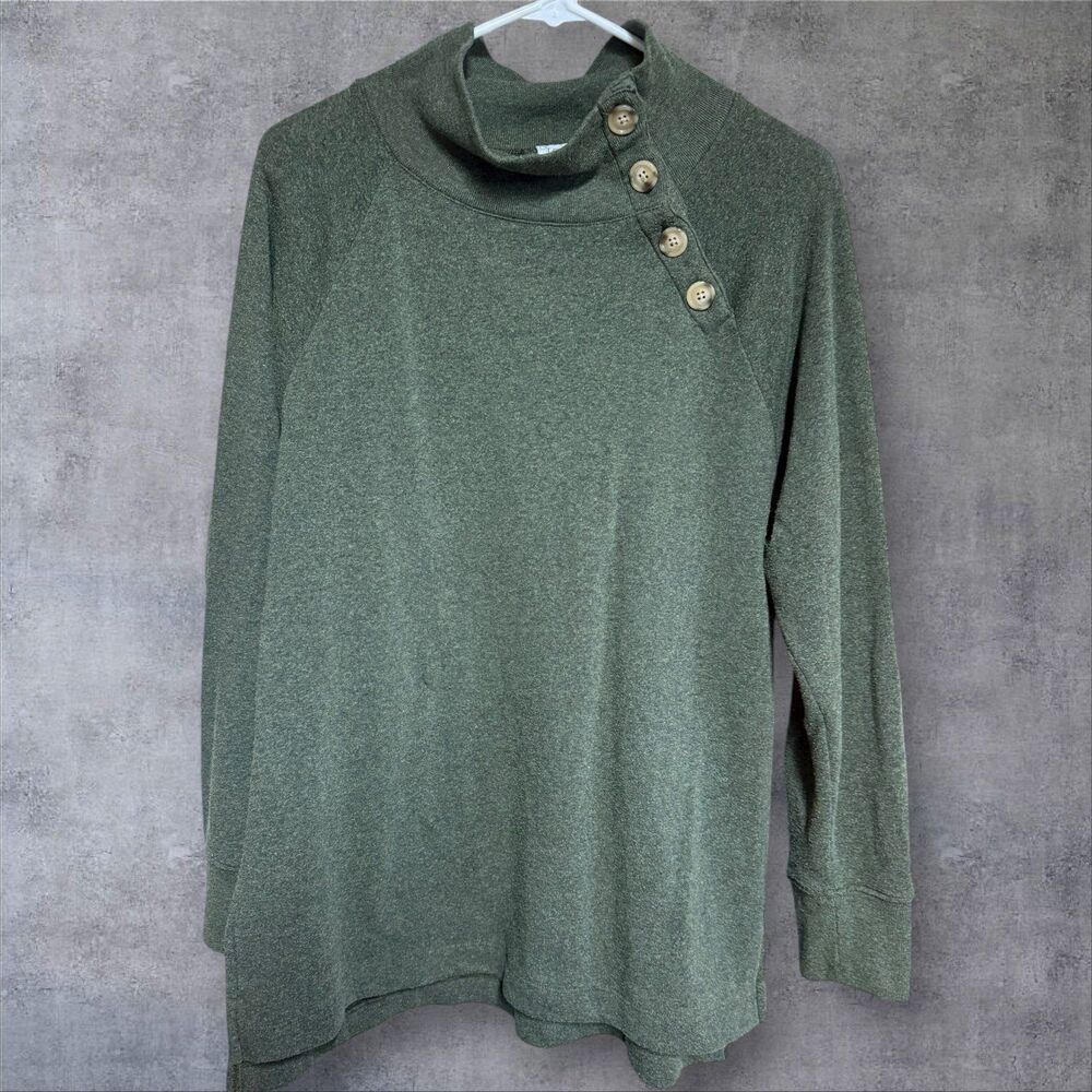J. Crew Olive Green Button Shoulder Funnel Neck Pullover Top Size M